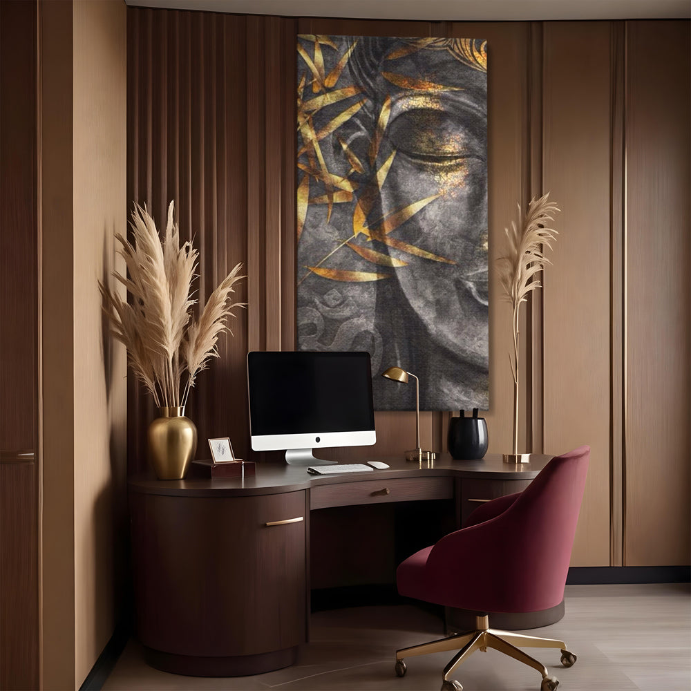 Tablou canvas cu tablou canvas cu chip de budha, fara rama, pe sasiu de lemn, pe perete intr-un birou